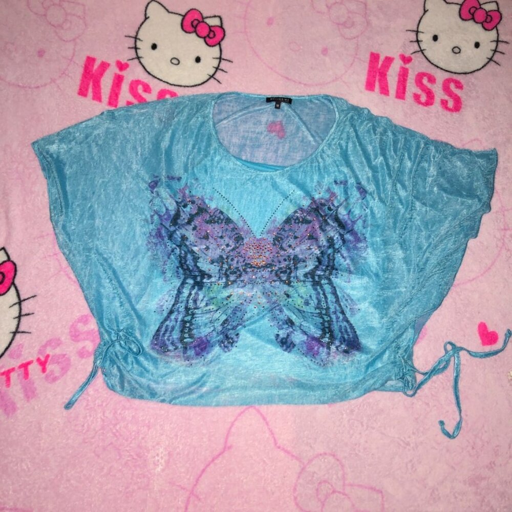 y2k rhinestone butterfly tie side layered blouse